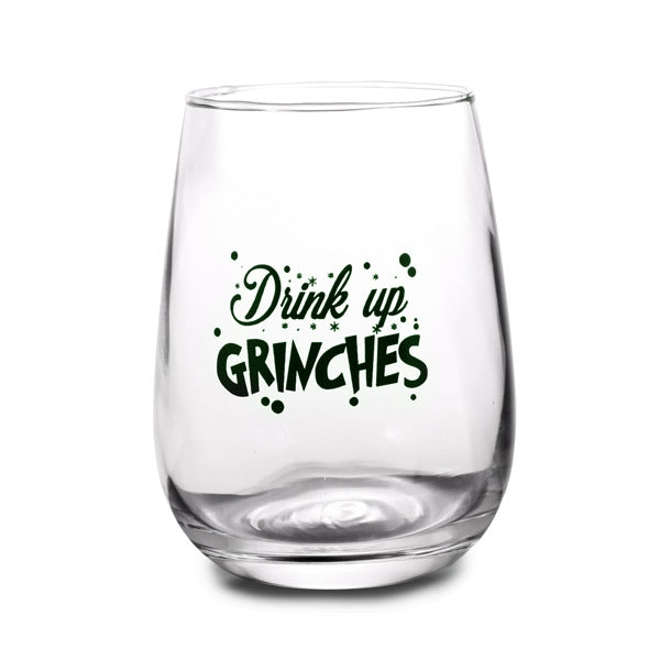 Drink Up Grinches Stemless Wine Glass