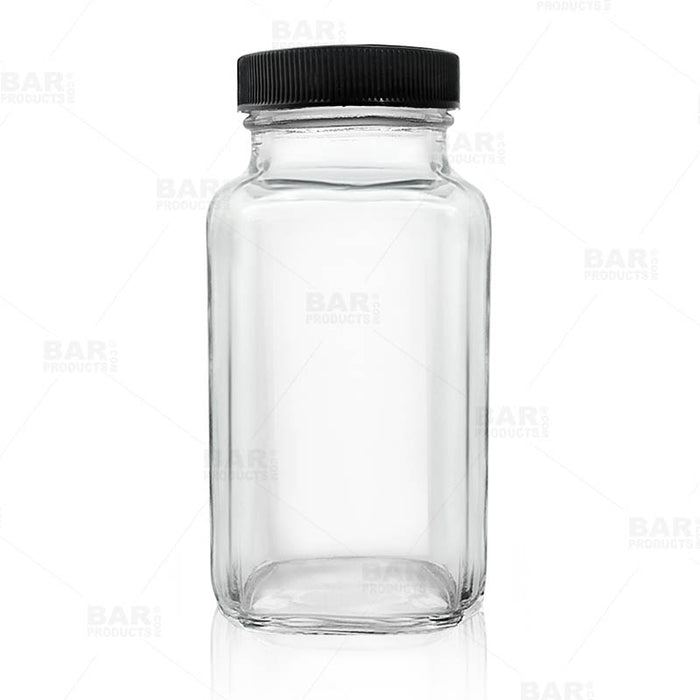 French Square Craft Bartending Jar w/ Black Lid - Clear 6oz