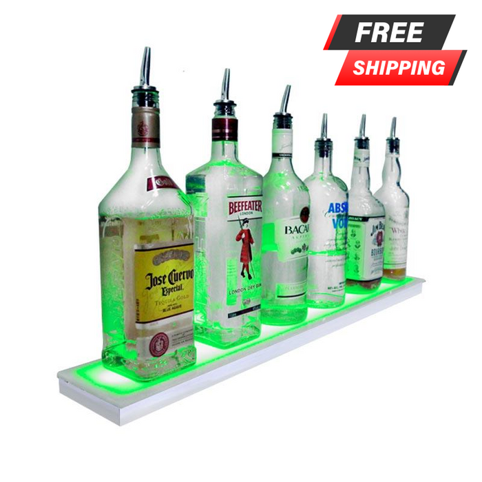 BarConic® LED Liquor Bottle Display Shelf - Low Profile - 1 Step - Polished Mirrored Metal - Several Lengths