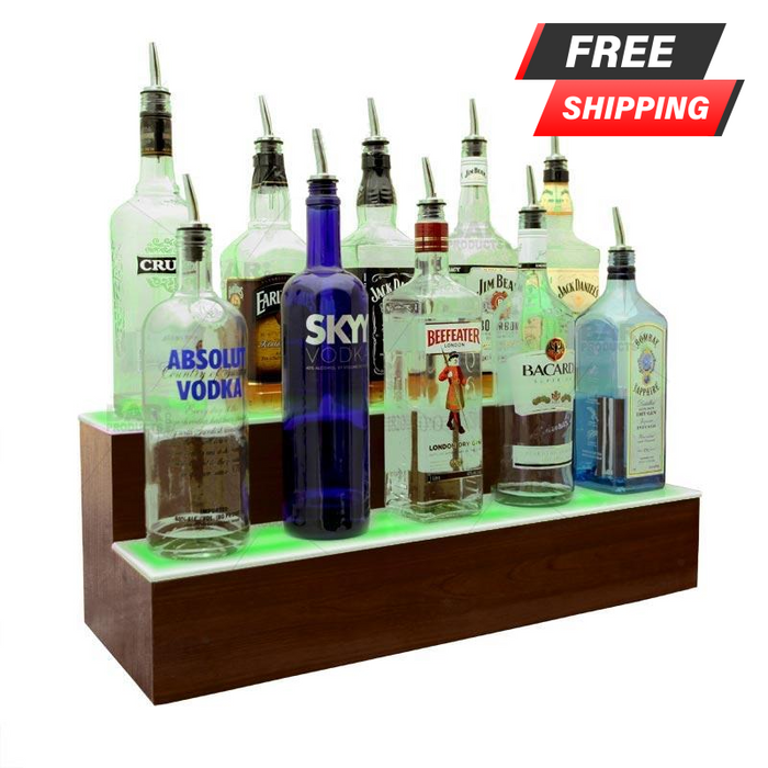 BarConic® LED Liquor Bottle Display Shelf - 2 Steps - Mahogany - Several Lengths