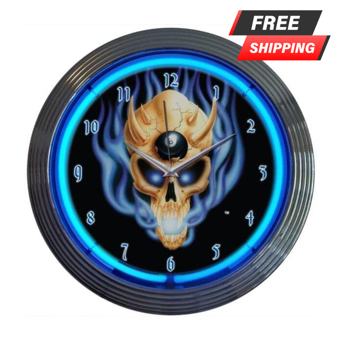 Neon Clock - Eight Ball Skull - 15" Diameter