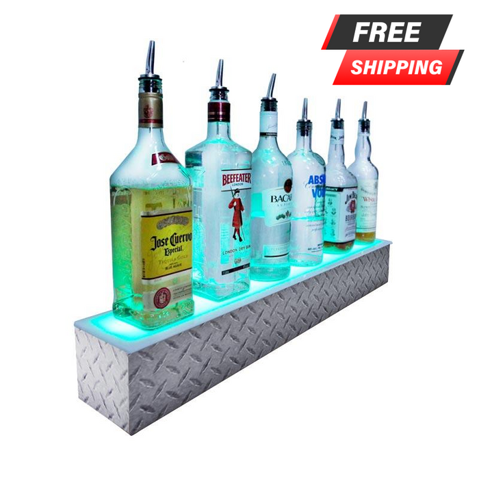 BarConic® LED Liquor Bottle Display Shelf - 1 Step - Diamond Plate Print - Several Lengths