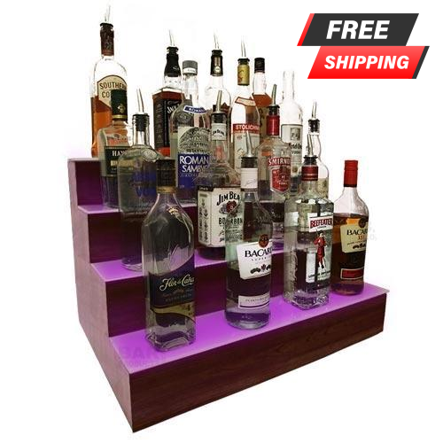 BarConic® LED Liquor Bottle Display Shelf - 4 Steps - Mahogany - Several Lengths