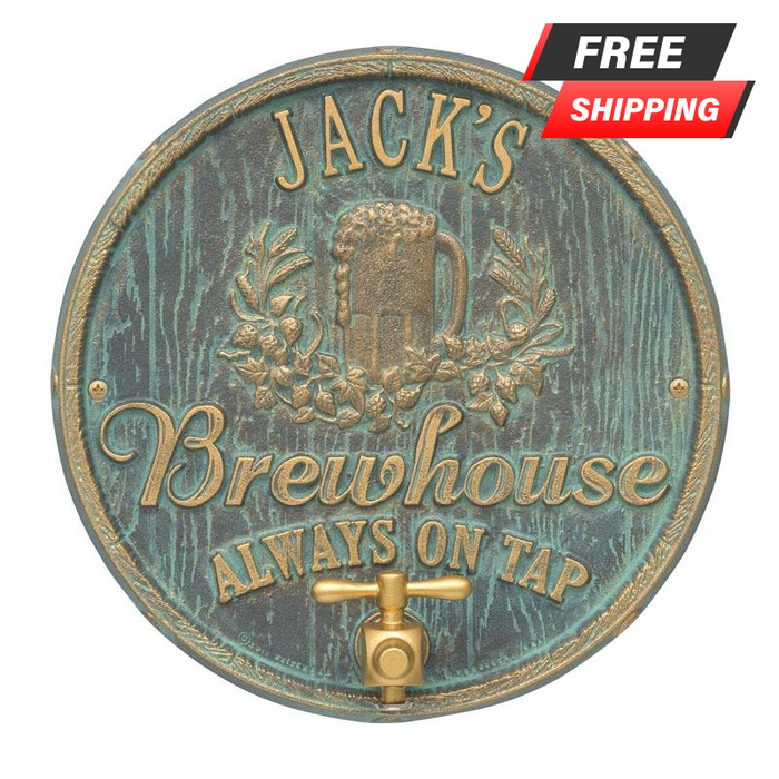 CUSTOMIZABLE Cast Aluminum Plaque (and Bottle Opener) - Oak Barrel Beer Pub Design