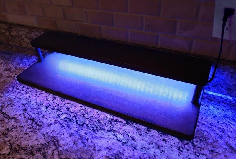 LED Counter Caddies™ - Wood Design Straight Shelf - Liquor/Wine Bottle Display - 24" Length w/ T-Molding and Multiple Finish Options - bright light color glow cyan blue