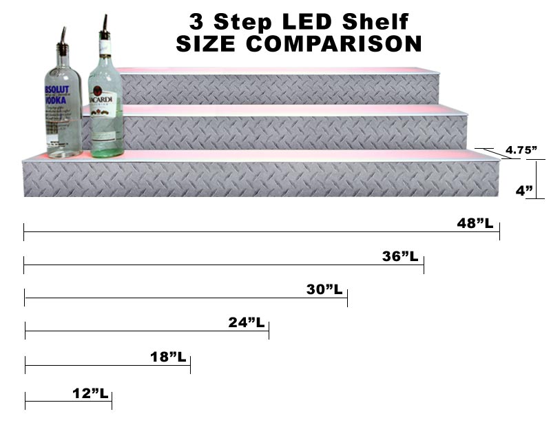 BarConic® LED Liquor Bottle Display Shelf - 3 Steps - Diamond Plate Print - Several Lengths 