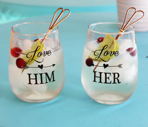 Love Him, Love Her Stemless Wine Glass Set