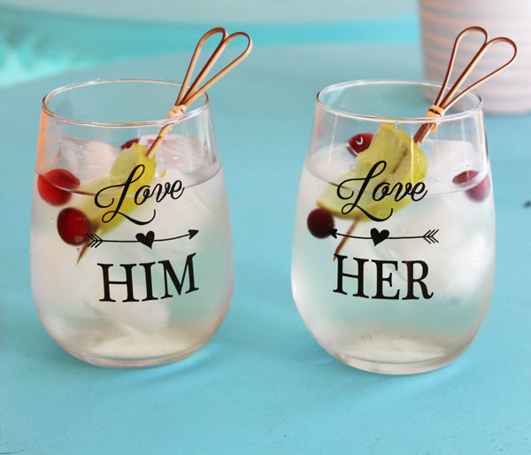 Love Him, Love Her Stemless Wine Glass Set