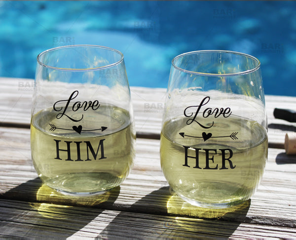 Love Him, Love Her Stemless Wine Glass Set