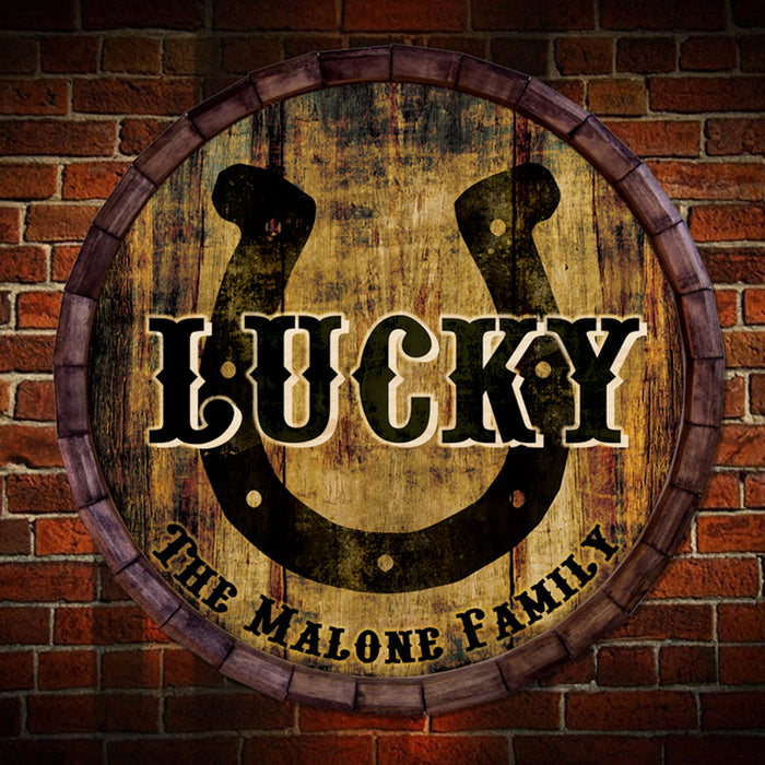 Custom Wood Barrel Top Sign – Lucky Horseshoe