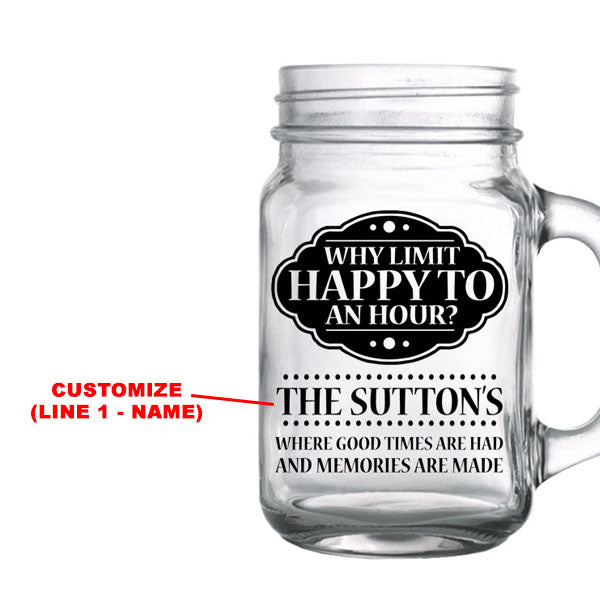 CUSTOMIZABLE - 16oz Mason Jar with Handle - Happy Hour