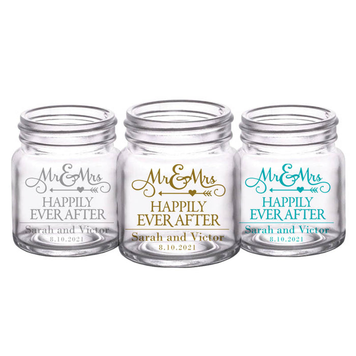 CUSTOMIZABLE - 2oz Clear Mini Mason Jar Shot Glass - Mr. and Mrs. Happily