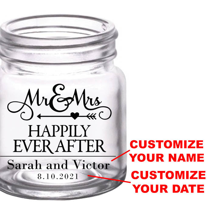 CUSTOMIZABLE - 2oz Clear Mini Mason Jar Shot Glass - Mr. and Mrs. Happily