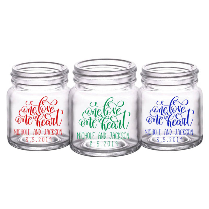 CUSTOMIZABLE - 2oz Clear Mini Mason Jar Shot Glass - One Heart