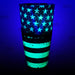 Neon green flag shaker design glows under a black light