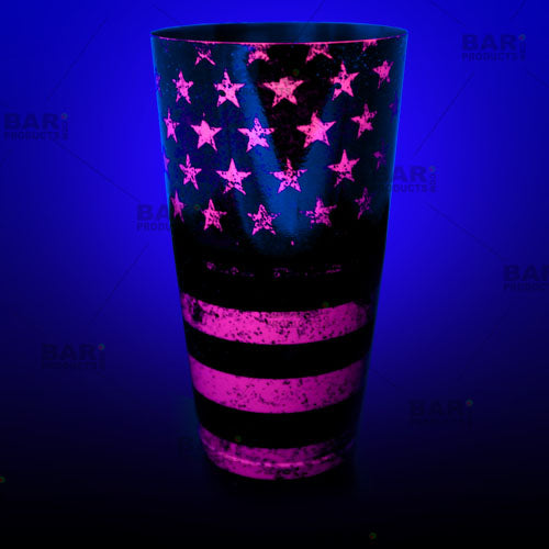 Neon pink flag shaker design glows under a black light