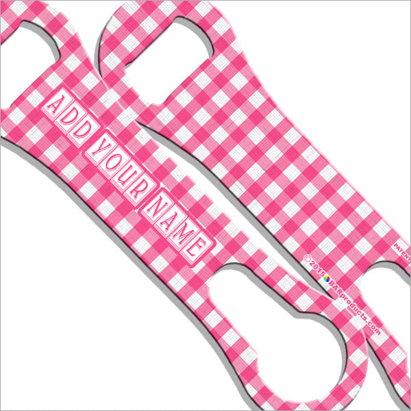 "ADD YOUR NAME"  V-ROD® Bottle Opener – Plaid Pattern – Pink