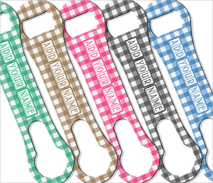 "ADD YOUR NAME"  V-ROD® Bottle Opener – Plaid Pattern – Several Color Options