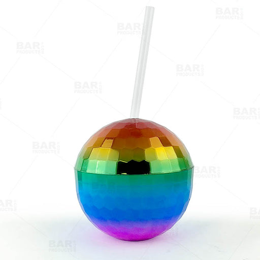 Rainbow Disco Ball  Novelty Cup - Plastic with Straw and Lid - 16 ounce