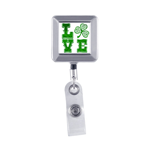 Chrome - LOVE Irish, Square Metal Badge Reel