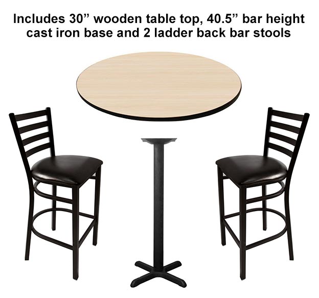 Table Top Set with Base and 2 Bar Stools - 30" Round Wooden Table, 40.5" Bar Height Cast Iron Base - CUSTOMIZABLE