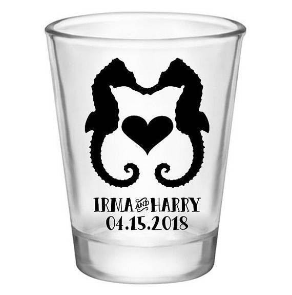 CUSTOMIZABLE - 1.75oz Clear Wedding Shot Glass - Seahorse Love