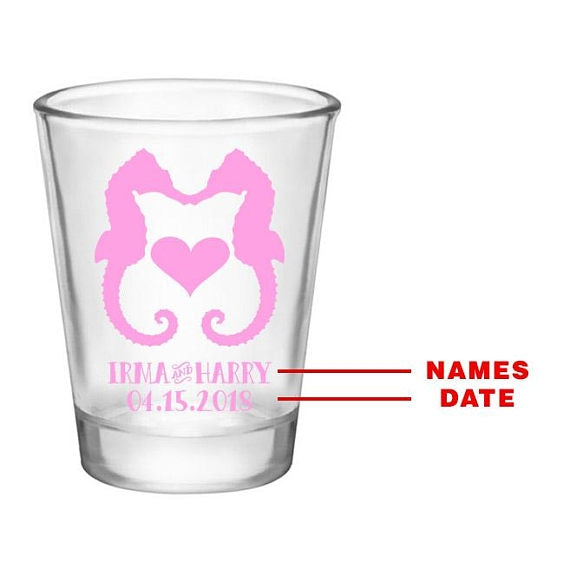 CUSTOMIZABLE - 1.75oz Clear Wedding Shot Glass - Seahorse Love