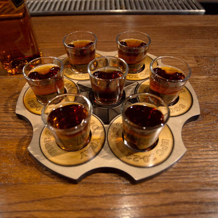 shot glass caddy revolver birch wood 7 drink flight tray