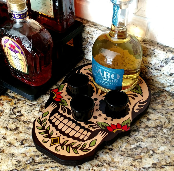 Shot Glass and Bottle Caddy - Sugar Skull Rose