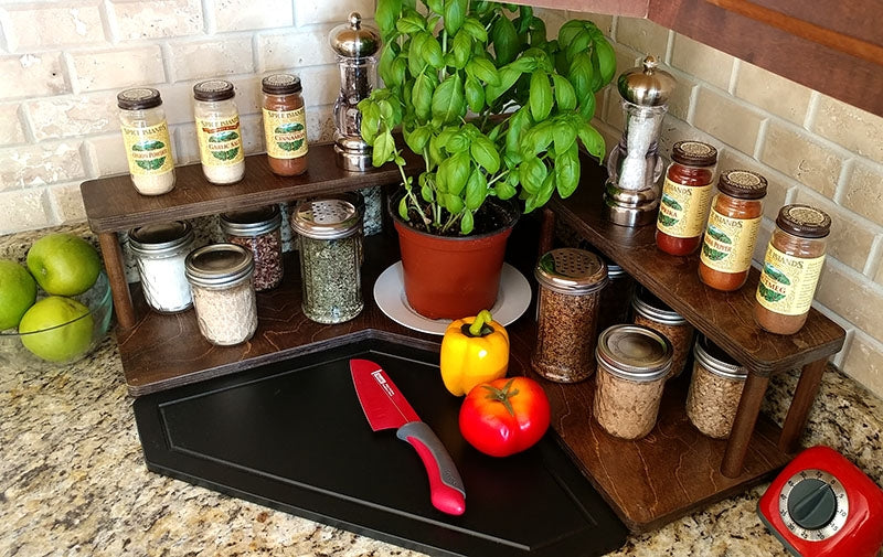 Counter Caddies™ - Walnut-Stained Corner Shelf - Culinary Style - herbs spices ingredients