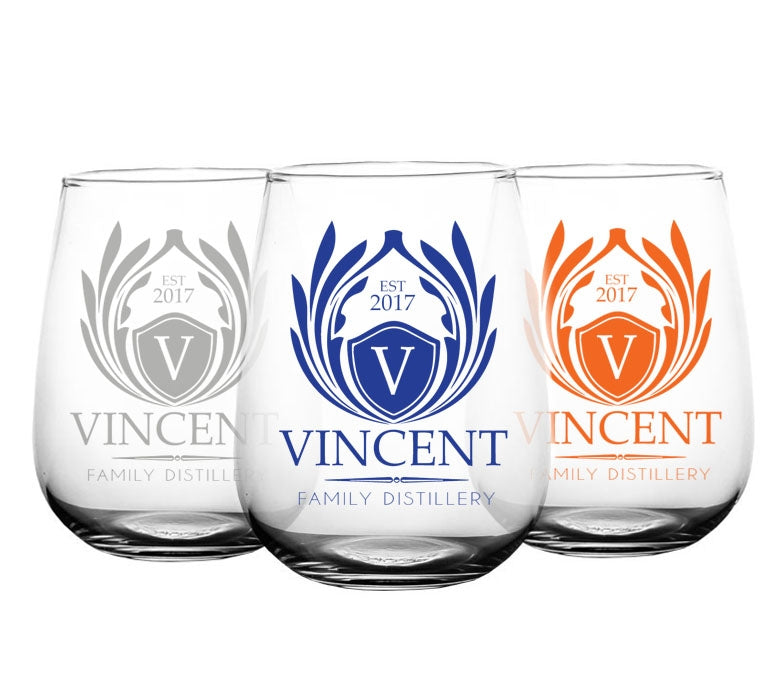 CUSTOMIZABLE - Stemless Wine Glass - 17 ounce - Crest Design 1