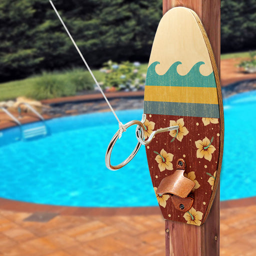 Wall Mounted Surfboard Ring Toss Game with Bottle Opener - Wave Surfboard Design