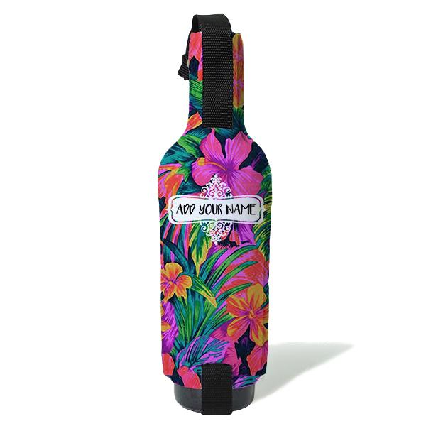 ADD YOUR NAME - Wine Bottle Cooler with Strap - Bright Tropical Floral