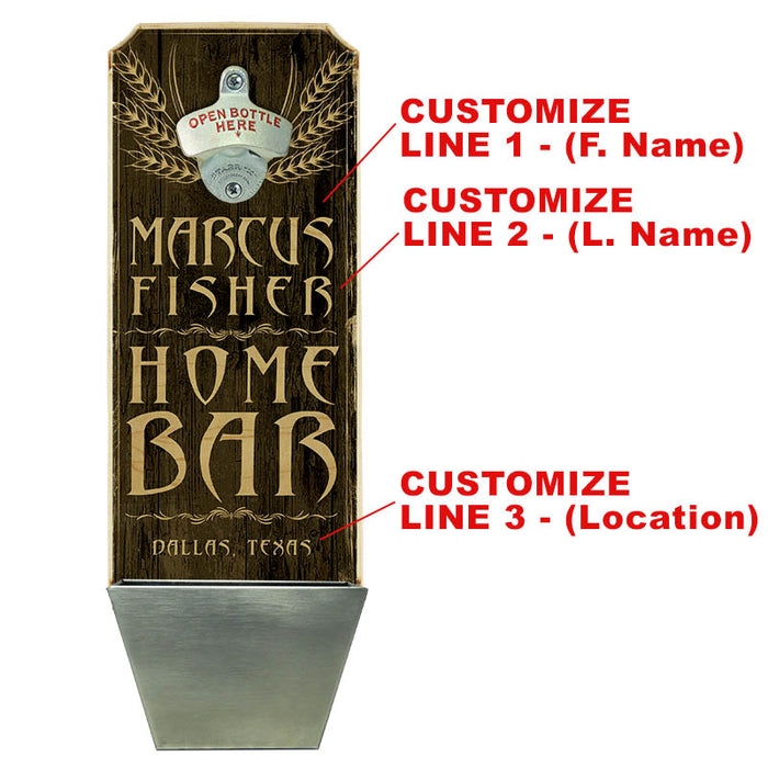 CUSTOMIZABLE Wall Mounted Wood Plaque Bottle Opener & Cap Catcher - Home Bar