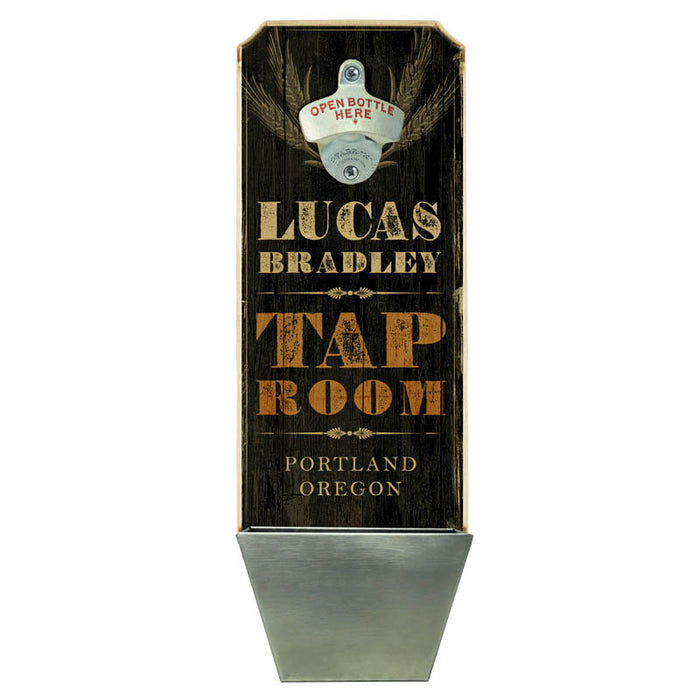 CUSTOMIZABLE Wall Mounted Wood Plaque Bottle Opener & Cap Catcher - Tap Room