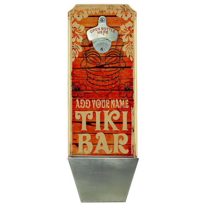 CUSTOMIZABLE Wall Mounted Wood Plaque Bottle Opener & Cap Catcher - Vintage Tiki Bar