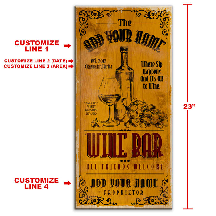 CUSTOMIZABLE Large Vintage Wooden Bar Sign - Wine Bar - 11 3/4" x 23 3/4"