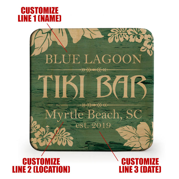 Wooden Square Coasters - Customizable - Tiki Theme - Set of 4