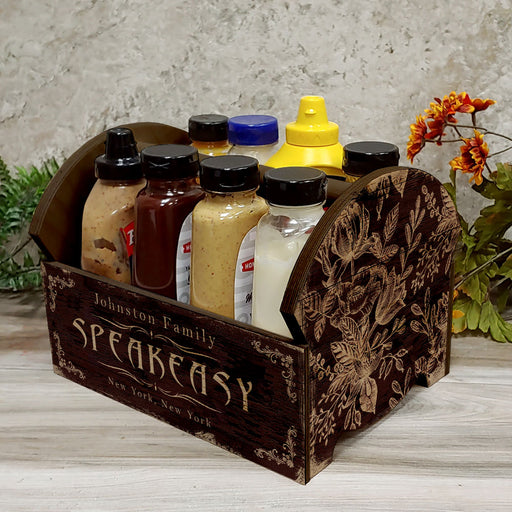 Wooden Condiment Caddy w/ Handle- Customizable Speakeasy Design